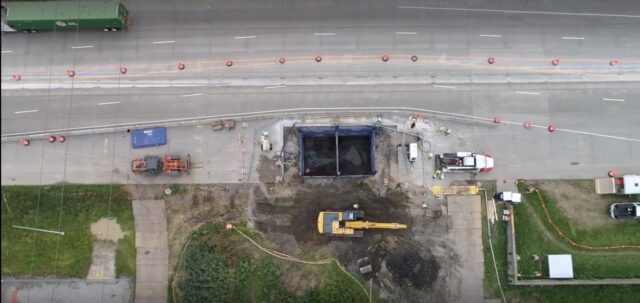 Drone shot of the dig in the road